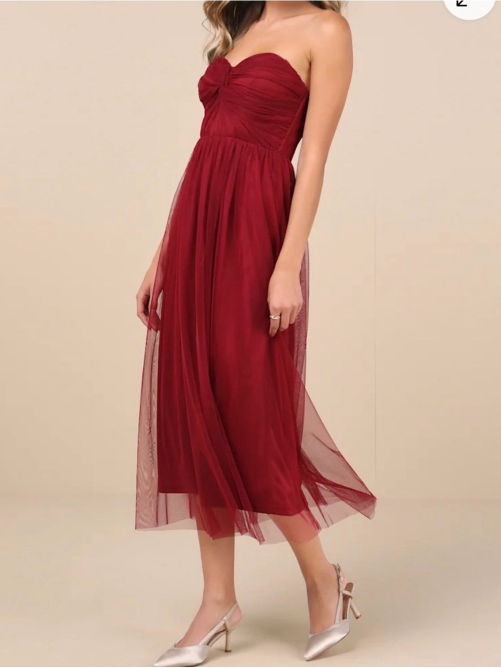 Lulu's Strapless Midi Tulle Dress in Burgundy Wine